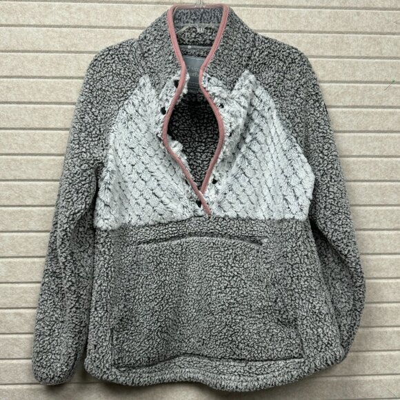 Simply Southern Sherpa Fleece Pullover Gray White Button Front Women’s Small - Picture 3 of 13
